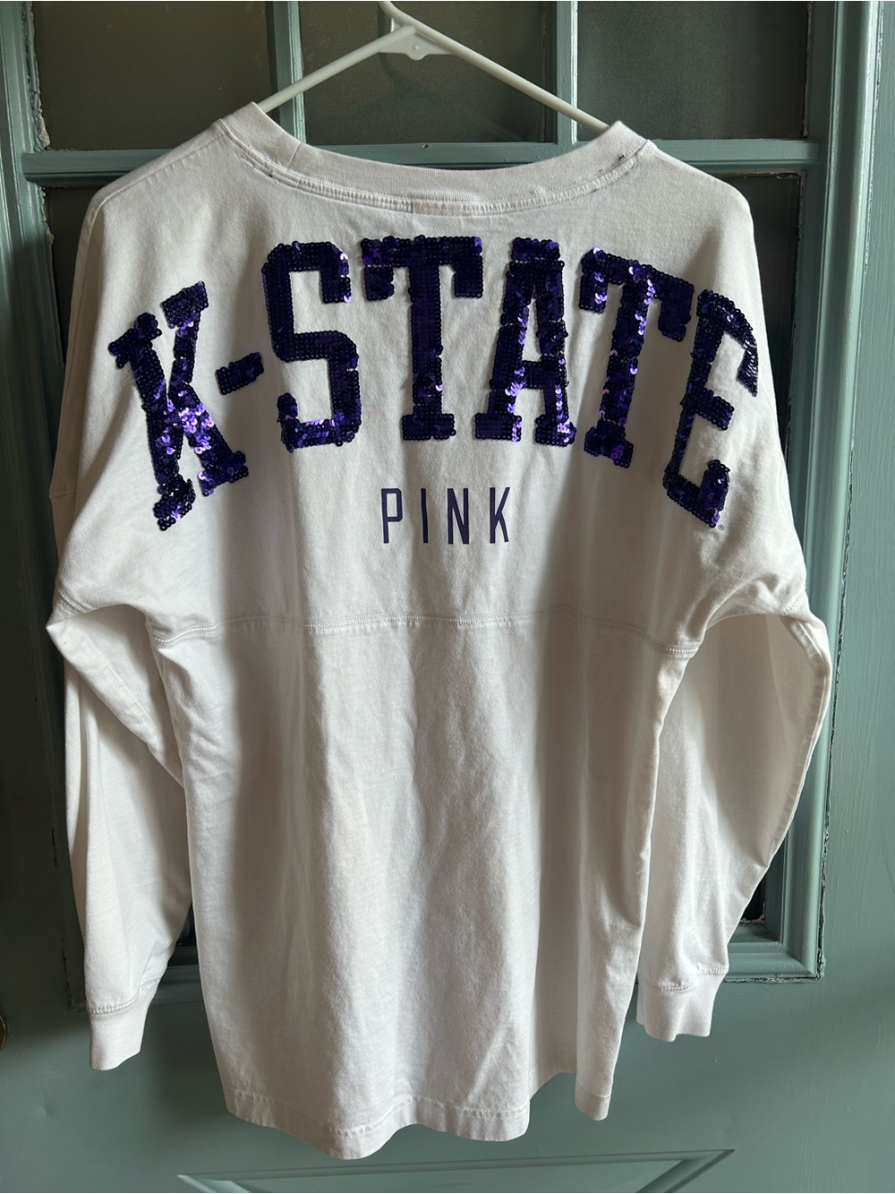 Victoria's Secret PINK Kansas State University Sequin Lettering White Purple Top